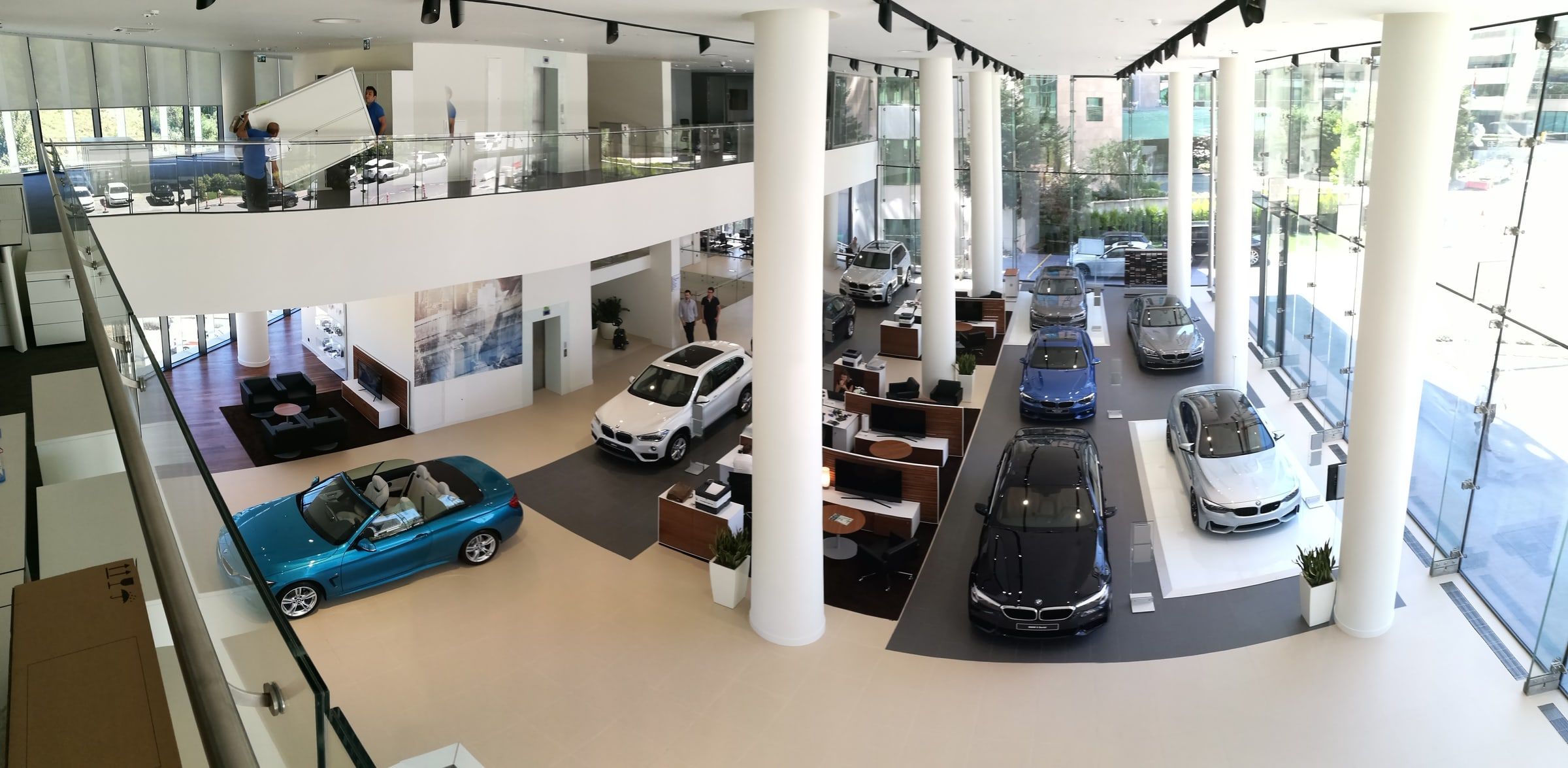 Car showroom interior with mezzanine offices