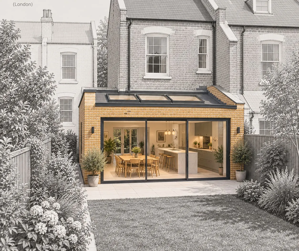 Illustration of a single-storey rear extension